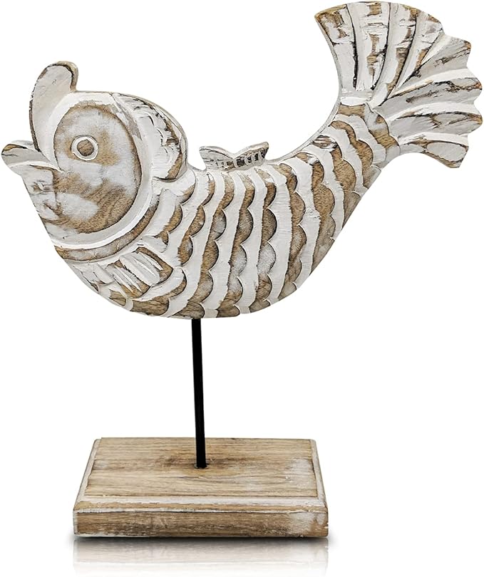 Farmhouse World Wooden Fish Home Decor | Handmade Fish Statue on Base Stand Sea Nautical Beach House Decor Art Piece | Rustic Table Decor for Office, Living Room (Koi Fish)