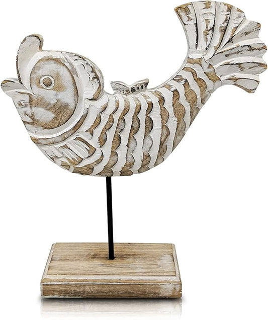 Farmhouse World Wooden Fish Home Decor | Handmade Fish Statue on Base Stand Sea Nautical Beach House Decor Art Piece | Rustic Table Decor for Office, Living Room (Koi Fish)