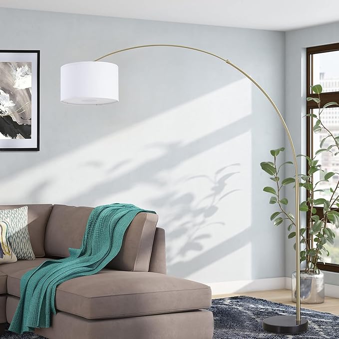 Major-Q Contemporary 81" Tall Standing Arc Floor Lamp Adjustable Height, Remote Control, Real Marble Base - Ideal for Behind Sofa Living and Dining Rooms - Gold