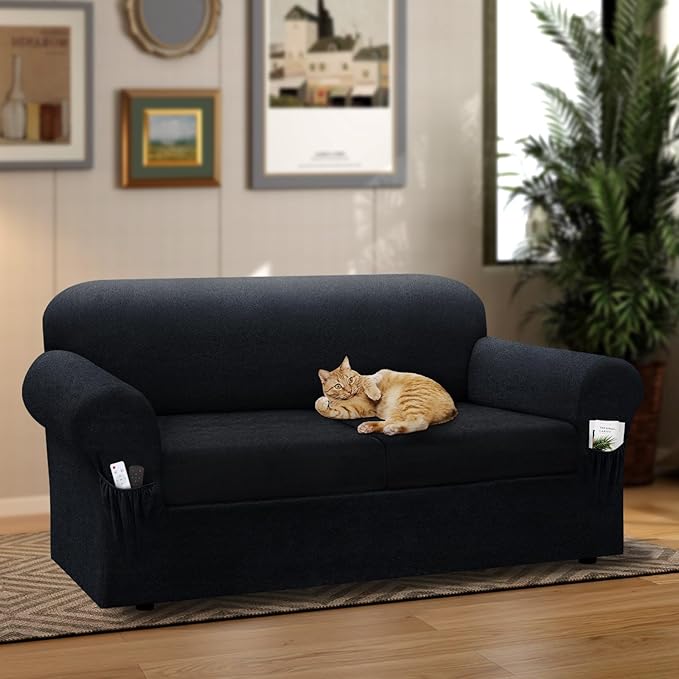 Sofa Slipcover with Armrest Pockets 3-Piece Set, Stretch Faux Leather Couch Cover for 2-Cushion Couches(Fits 72-92") - Non-Slip, Machine Washable, Pet & Kid Friendly - Dark Gray