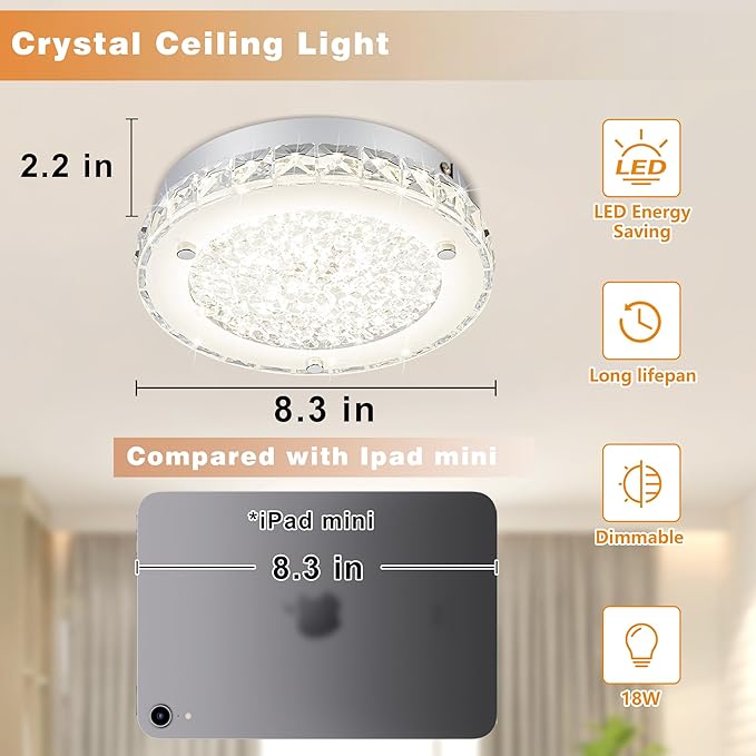 Modern Crystal Flush Mount Ceiling Light 4000K LED Flush Mount Crystal Ceiling Light Dimmable Small Chandelier for Bedroom Bathroom Staircase Dining Room Laundry Kitchen Foyer Hallway 8.3"