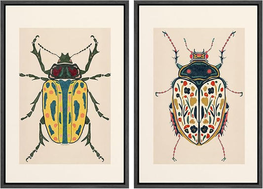 SIGNWIN Framed Canvas Print Wall Art Set Colorful Beetle Vintage Insect Illustrations Modern Art Minimal Boho Colorful for Living Room, Bedroom, Office - 16"x24"x2 BLACK