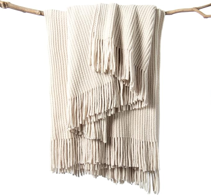 lifein Throw Blanket for Couch, Soft Boho Decor Bed Throw,Cozy White Chenille Knitted Small Farmhouse Lightweight Throw(White/Cream,50 * 60")