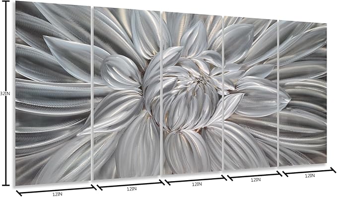 Yihui Arts Silver Metal Flower Wall Art, 5 Pieces Aluminum Artwork, Contemporary Botanical Sculpture for Living Room Bedroom Bathroom Decor