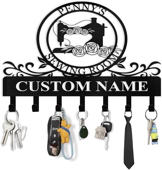 Personalized Key Holder Wall Mount - Custom Sewing Machine Design Key Hanger for Wall Art Decor, Metal Coat Rack Organizer with Hooks, Key Hanger for Bedroom Entryway Hallway, Personalized Gift