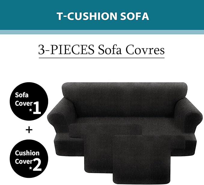 JconesT Cushion Sofa Slipcover 3 Pieces Sofa Covers for T Cushion Couch Soft Couch Covers Sofa Slip Cover Furniture Covers with 2 Individual T Shape Seat Covers (Black, 2 Cushions)