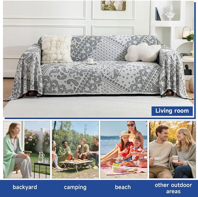 ROOMLIFE Couch Cover Black Boho Sofa Covers for 3 Cushion Couch Washable, Furniture Protector Sofa Couch Cover for Dogs, Soft Breathable Sofa Slipcover, Couch Throw Blankets with Tassels 71''X134''