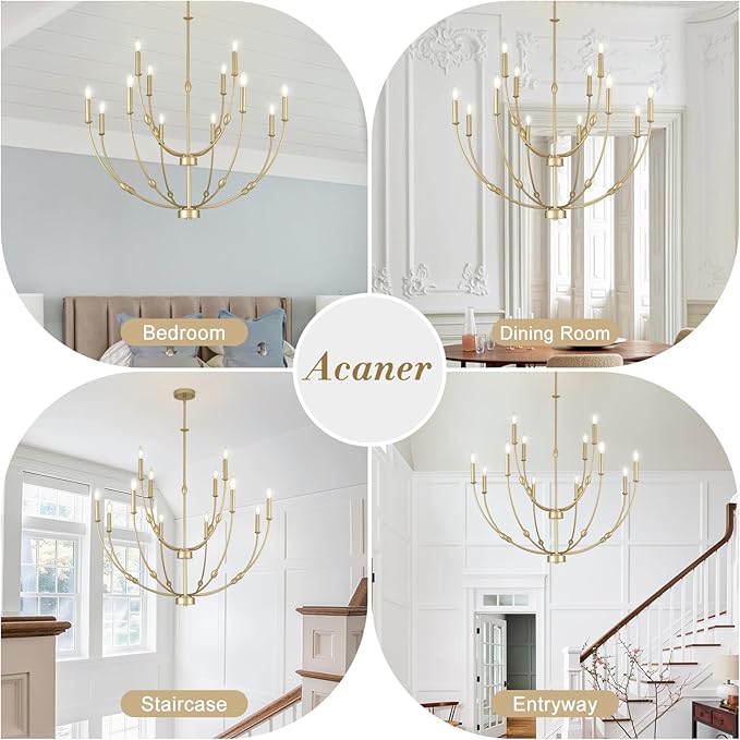 Large Gold Chandelier Light Fixture, 2 Tier 12-Lights Long Chandeliers for High Ceilings, Modern Candle Chandelier for Living Room Foyer Entryway