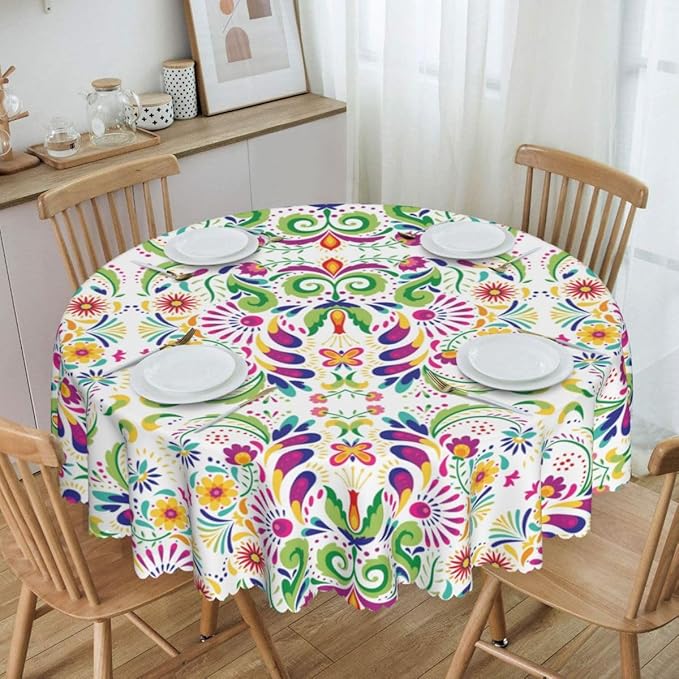 Mexican Round Tablecloth, Traditional Floral Dia De Los Muertos Azulejo Mosaic Mexico Water Resisitant Table Cover for Dining Kitchen Living Room Home Party Holiday Decor 70 inch Round