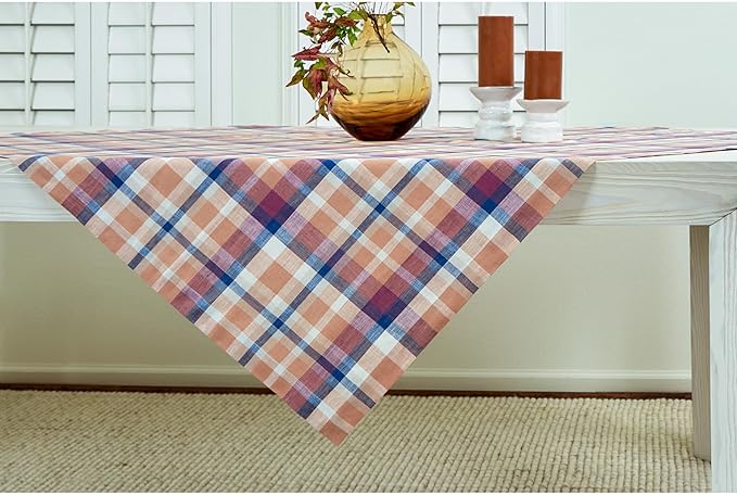 Solino Home Linen Plaid Tablecloth 52 x 52 Inch - 100% Pure Linen Fall Multicolor Square Tablecloth - Thanksgiving, Autumn, Fall Flavors Madras, Machine Washable Table Throw for Holiday