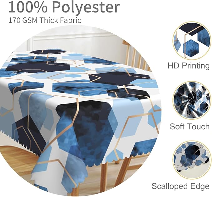 54x108inches Elegant Hexagons Tablecloth Blue White Gold Modern Geometric Abstract Art Fabric Table Cloth Marble Texture Waterproof Table Cover for Kitchen Dining Room Banquet Party Decor