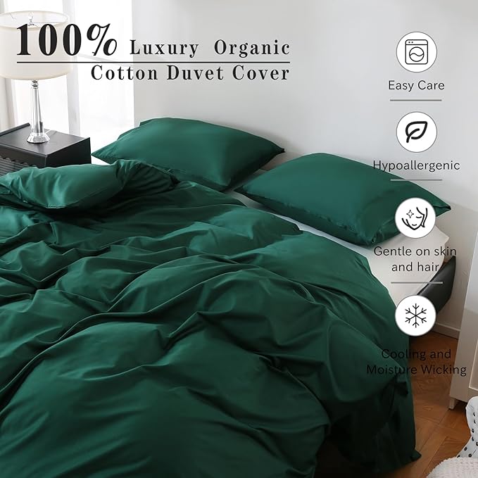 100% Organic Cotton Oversized King Duvet Cover 400 Thread Count Percale 120x98 Inches Sateen Comforter Cover Soft and Breathable Bedding Set 3 Piece（Dark Green,Oversized King）