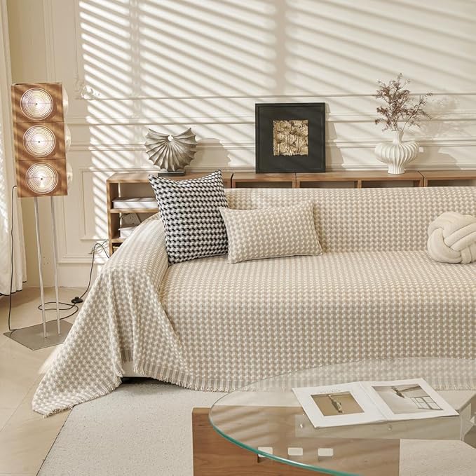 ROOMLIFE Thicked Checkered Boho Khaki Couch Cover for 2-3 Cushion Sofa, Chenille Sofa Slipcovers Sectional Sofas Covers for Dog, Non Slip Washable Furniture Protector Soft with Tassel 71''X150''