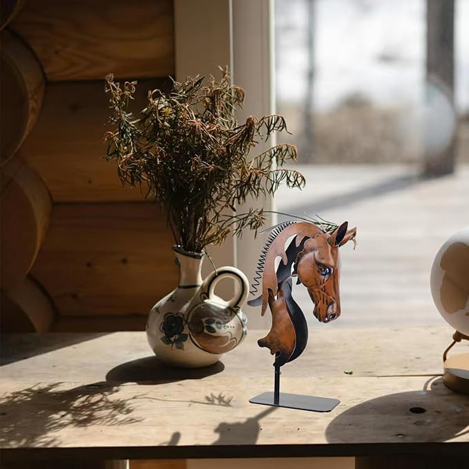 Handmade Horse Statue - Unique Rustic Decor for Office & Home - Hand-Painted Metal Sculpture - Handmade Horses Figurines Gifts for Women/Men (Blue) (Brown)