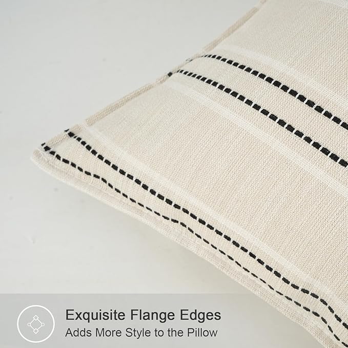 20X20 Decorative Farmhouse Linen Throw Pillow Covers, Boho Textured Pillow Case Set of 2 ,Beige with White & Black Stitch Yarn Dyed Stripe Cushion Cover ,Modern Accent Square Pillowcase for Sofa Couch