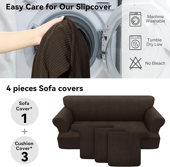 Waterproof Couch Cover 4-Piece Set Striped Sofa Slipcovers for 3 Separate T Cushion Couch - TPU Fabric Sofa Covers Leakproof Couch Protector for Kids, Pets(3 Cushion Sofa, Brown)