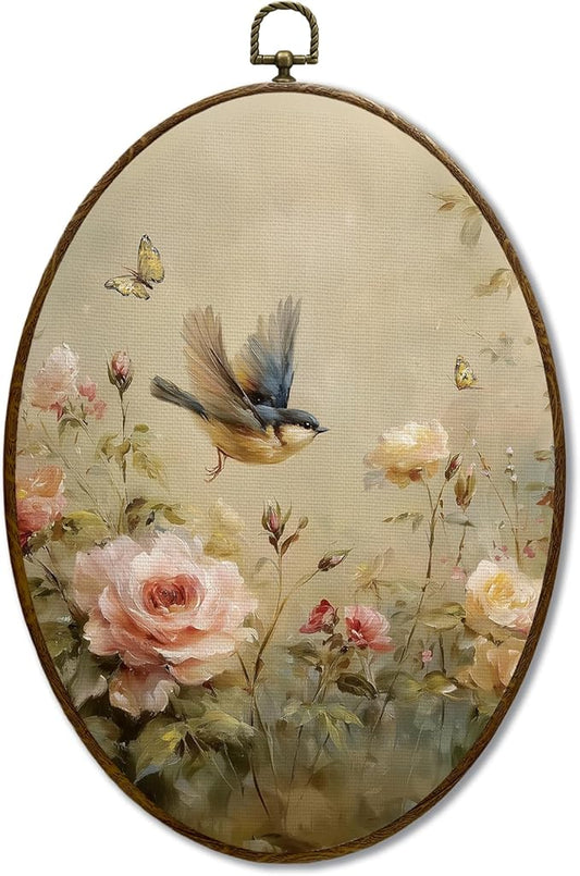 JQF Vintage Floral Bird Oval Wall Art, Rustic Cottagecore Rose Floral Sparrow Oval Canvas Wall Art, Retro Flower Bird Framed Prints Hanging Decor for Home Bedroom Living Room, 8.5x11.5 Inch