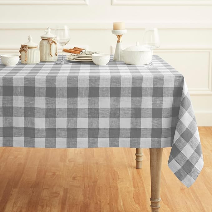 Solino Home Linen Checkered Tablecloth 52 x 52 Inch - 100% Pure Linen Grey and White Square Table Cloth - Machine Washable Buffalo Plaid Table Throw for Fall, Autumn, Thanksgiving, Christmas, Winter