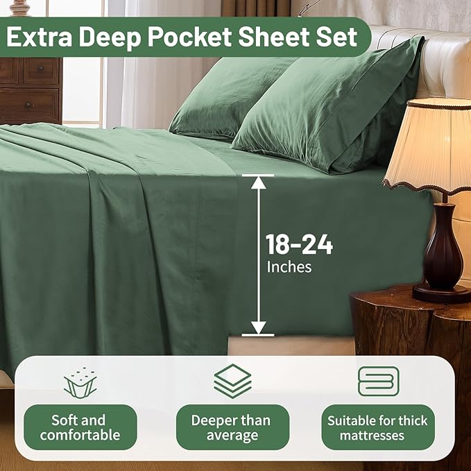 MEISHANG Extra Deep Pocket Cotton Sheets Queen Size - 100% Egyptian Cotton 1000 Thread Count - Fits 18"-24" in Deep Mattress,Oeko-Tex Certified, Soft & Breathable - 4 Piece (Queen, Sage Green)