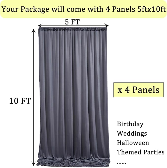 20ft x 10ft Wrinkle Free Charcoal Backdrop Curtain for Parties, 4 Panels 5x10ft Silky Polyester Photo Backdrop Drapes for Wedding Birthday Party Photography Background Backdrop Stand