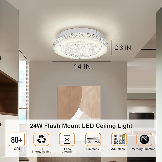 Crystal Ceiling Light Fixture 3000/4000/5000K Crystal Chandeliers Dimmble LED Kitchen Lighting Fixtures Ceiling for Dinning Room Bathroom Bedroom Hallway Entrance 14''
