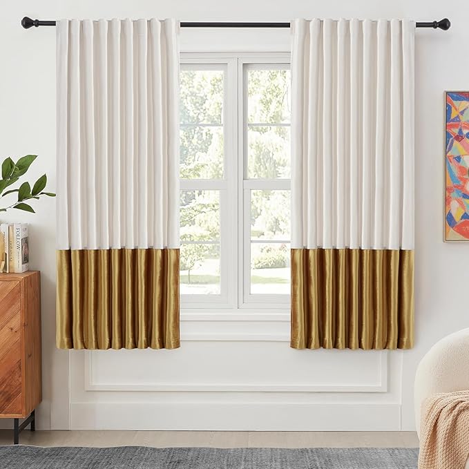 Velvet Curtains for Living Room Cream Ivory Gold 63 inches Long,2 Panels Blackout Curtains Modern Color Block Back Tab Rod Pocket Soundproof Drapes for Bedroom Window Decor