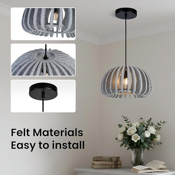 Pendant Light with Felt Lampshade, Modern Hanging Lamp Fixture, DIY Acoustic Pendant Light Chandeliers for Kitchen Island, Living Room, Dining Room, Bedroom, Office (D13.7"x7.8")