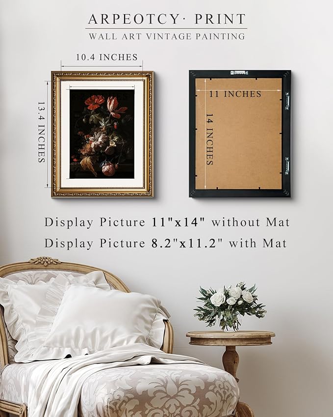 ARPEOTCY Vintage Gold Framed Wall Art, Retro Still life Floral Flowers in a Bowl Canvas Prints Artwork with Antique Frame, Victorian Wall Paintings Decor for Living Room Gallery, 13x16 inch