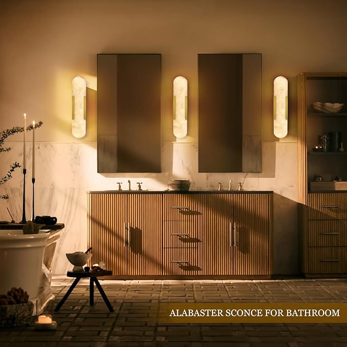 Alabaster Wall Sconce, 20" Natural Marble Wall Sconce, Brass Alabaster Sconces Set of Two, Indoor Modern Bathroom Sconces Wall Lighting for Living Room, Bedroom, Hallway, Stairs