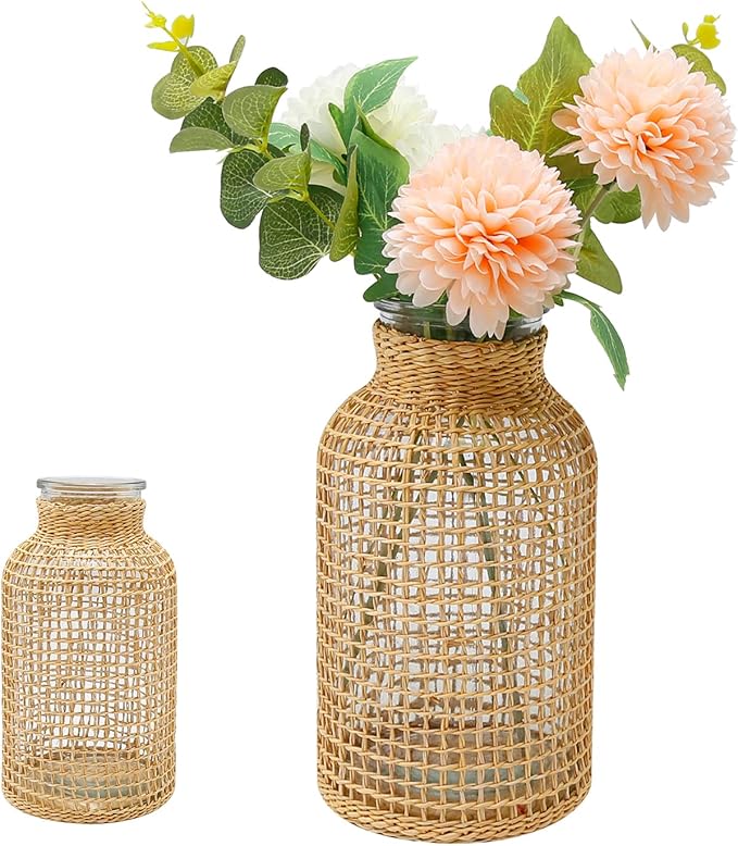MDEOOSKY Straw Woven Glass Vase 10.25''X3.93''X5.52''Boho Glass Flower Vase Country Rustic Style Vase Glass Vase for Floral Arrangements Bottle Height (B Style 10.25IN)