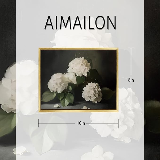 AIMAILON Vintage Gold Canvas Wall Art Framed Decor Classical Botanical Aesthetic Picture Blooming White Hydrangea Flowers Artwork Retro Light Boho Print Desktop Decoration 8x10
