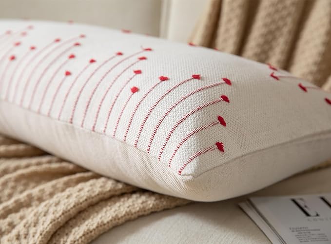 Caflife Christmas Lumbar Pillow Cover 14x36 Long Pack of 1 Decorative Pillows Bed, Beige with Red Body Throw Pillow Covers, for Modern Farmhouse Sofa Bedroom Living Room Home Decor Couch Pillowcase