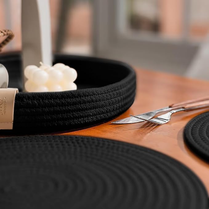 Art PineCone's Woven Cotton Rope Round Placemats Set of 4 with Holder Included, Non-Slip, and Heat Resistant Shabby Chic Placemats (Black, 13 inch Plus Coaster)