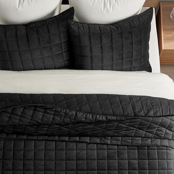 EVERGRACE Pearl Velvet Quilt Full Queen Size Bedding Sets, Luxurious Soft Velvet Comforter Set, Lightweight Box Stitching Oversized Bedspread Coverlet for All Season, with 2 Shams, Black