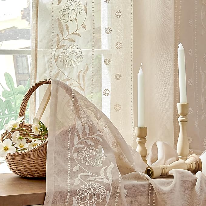 jinchan Winslow Sheer Curtains 96 Inch for Bedroom Living Room Embroidered Bordered Floral Nursery Curtains for Playroom Light Filtering, Ivory on Beige, 2 Panels, 50W x 96L
