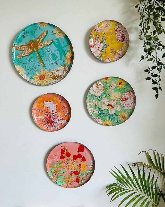 RITUALISTIC Pastel Blooms Iron Wall Art Plates – Set of 5 Decorative Plates | Floral & Nature-Inspired Metal Wall Decor | Soft-Toned Wall Hanging for Living Room, Bedroom & Christmas gifts