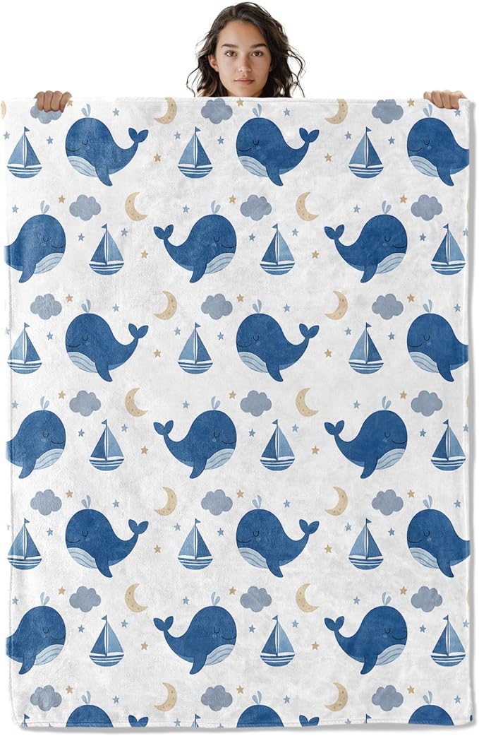 Cute Whale Blanket, Nautical Ocean Theme 80 x 60 Inch Flannel Throw Blanket, Gifts for Women Kids, Lightweight Cozy Warm Blankets for Sofa Travel Home Decor