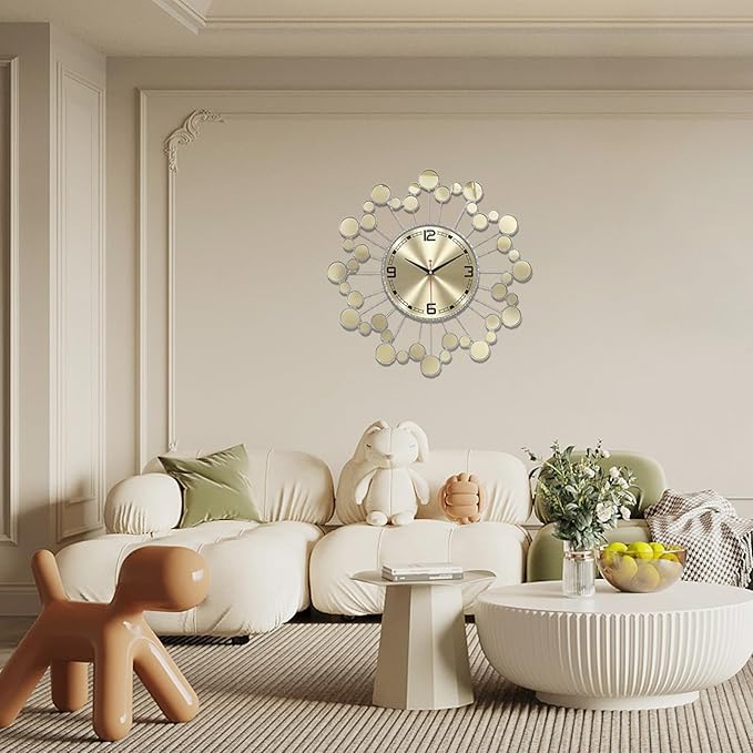Silver 23" Wall Clock Decor Silent Battery Operated, Modern Metal Decorative Clock for Living Room Bedroom Office