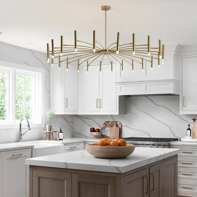 KCO Lighting Mid Century Modern Gold Sputnik Chandelier 24-Light Antique Brushed Brass Large LED Chandeliers Farmhouse Hanging Semi Flush Mount Ceiling Light Kitchen Island Dining Pendant Lights