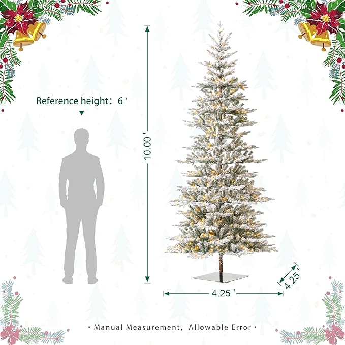 Glitzhome 10ft Prelit Christmas Tree, Artificial Flocked Christmas Tree with 2335 PE&PVC Branch Tips, Deluxe Majestic Frostfall Fir Holiday Tree w/700 Warm White Lights, Three Function, Easy Assembly