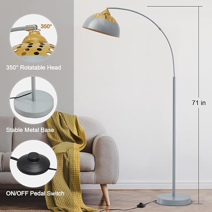 Arc Floor Lamps for Living Room, 71" Standing Lamp with Adjustable Lamp Head, Silver Metal Tall Lamps with Foot Switch, Arched Reading Light for Bedroom, Office, 9W 3 Color Temperatures Bulb Included