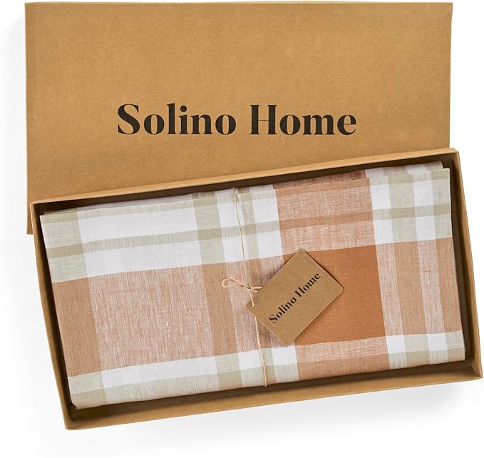 Solino Home Linen Plaid Square Tablecloth 50 x 50 Inch - 100% Pure Linen Fall Harvest Table Throw - Machine Washable Table Cloth for Autumn, Thanksgiving, Holiday
