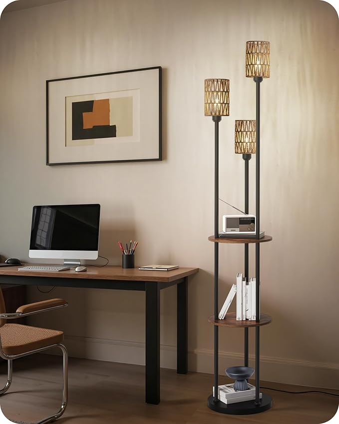 Floor Lamp with Shelves, Boho Floor Lamp with Foot Switch, 3-Light Standing Lamp, for Living Room, Bedroom, Study, Rustic Brown and Yellow YF53LD05 ﻿