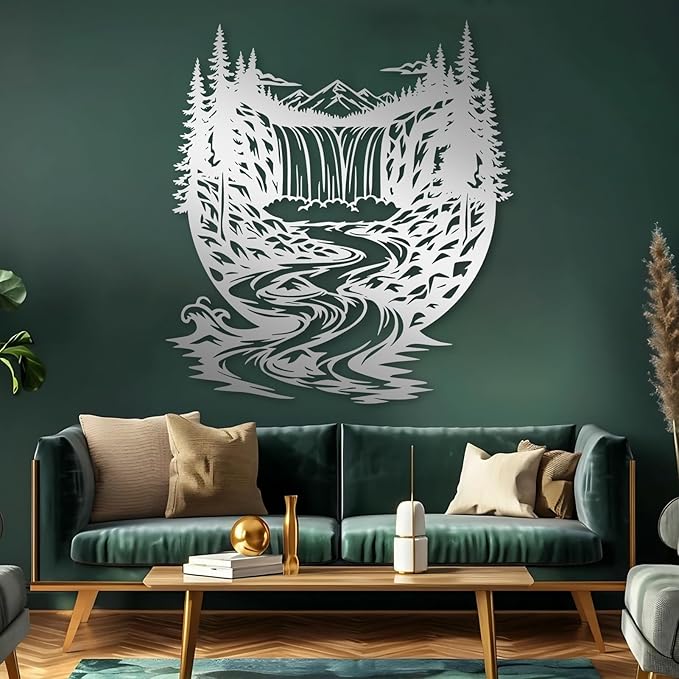 OZF Mountain Waterfall Forest Metal Wall Art, Rustic Wilderness Landscape Metal Wall Decor, Modern Nature Hanging Decor for Living Room Office, Cabin Themed Home Sculpture (Gold, 47 x 47 in | 120 x 120cm)