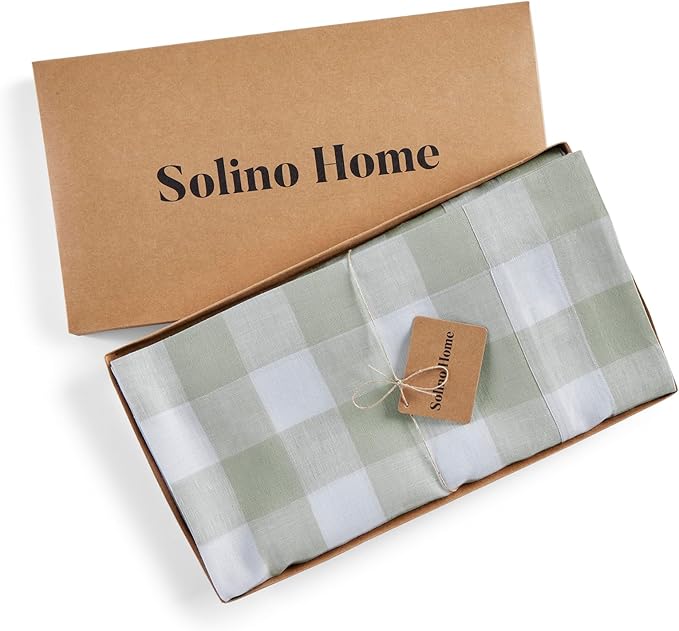 Solino Home Linen Checkered Tablecloth 60 x 108 Inch - 100% Pure Linen Buffalo Plaid Sage and White Table Cloth for Rectangular Tables - Machine Washable Tablecloth for Autumn, Thanksgiving, Winter