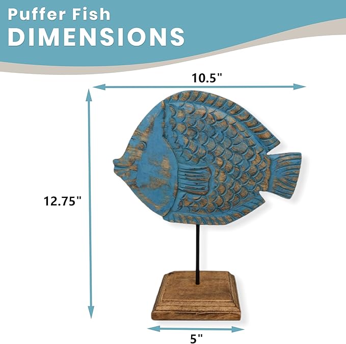 Farmhouse World Wooden Fish Sculpture Coastal Decor for Home | Handmade Fish Statue on Stand Sea Nautical Beach House Decor Art Piece | Rustic Table Shelf Decor for Office, Living Room (Puffer Fish)