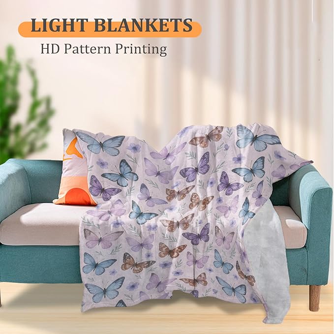 Elegant Butterfly Blanket, Pastel Floral Style 50 x 40 Inch Flannel Throw Blanket, Gifts for Women Kids, Lightweight Cozy Warm Blankets for Sofa Travel Home Decor
