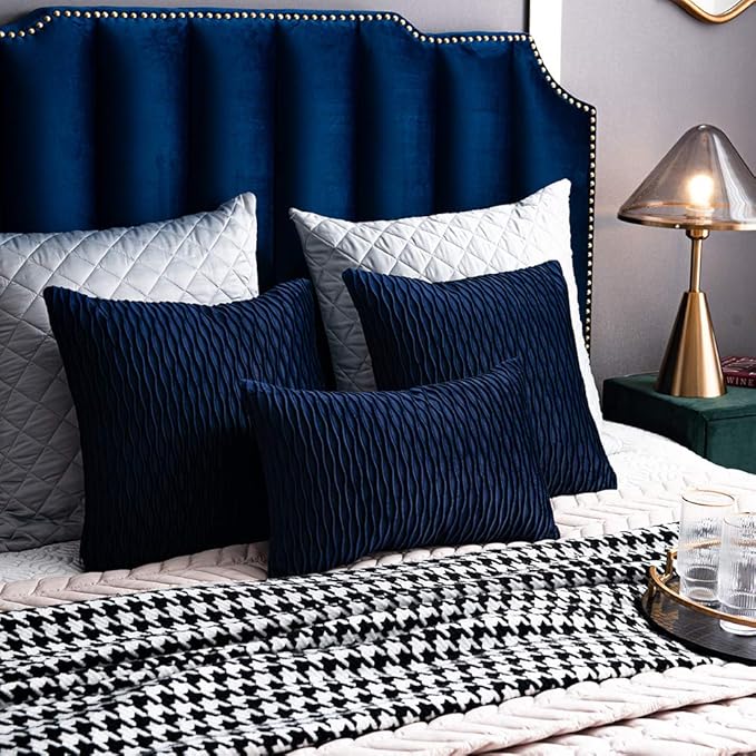 Navy Striped Couch Pillow Cases: 2 Pack 22x22 Inch Original Velvet Square Throw Pillow Covers for Farmhouse Home Decor