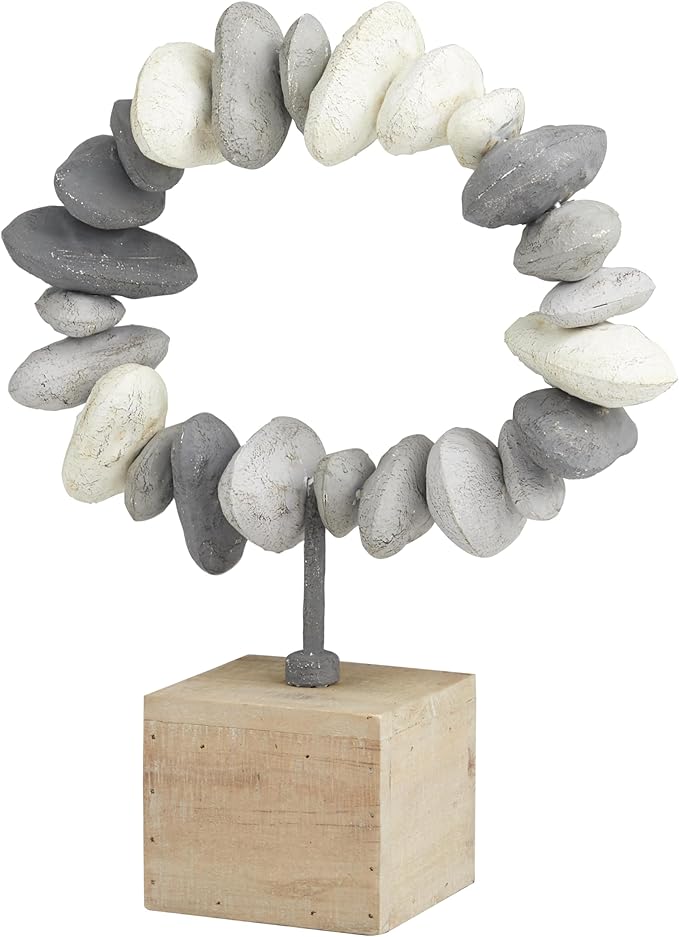 Deco 79 Metal Abstract Decorative Sculpture Circular Stone Home Decor Statue with Brown Wooden Base, Accent Figurine 11" x 4" x 14", Gray