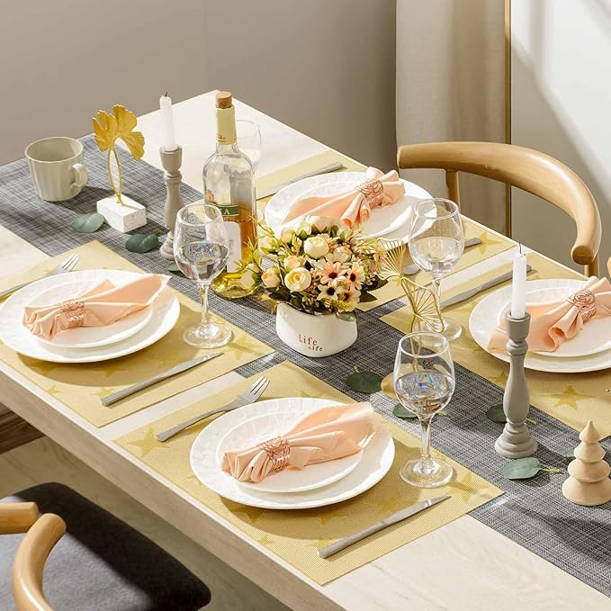 AHHFSMEI Placemats for Dining Table Set of 6 Woven Vinyl Plastic Place Mats Non-Slip Heat Insulation Stain Resistant Table Mats Washable Easy Clean Placemats (Gold Star)